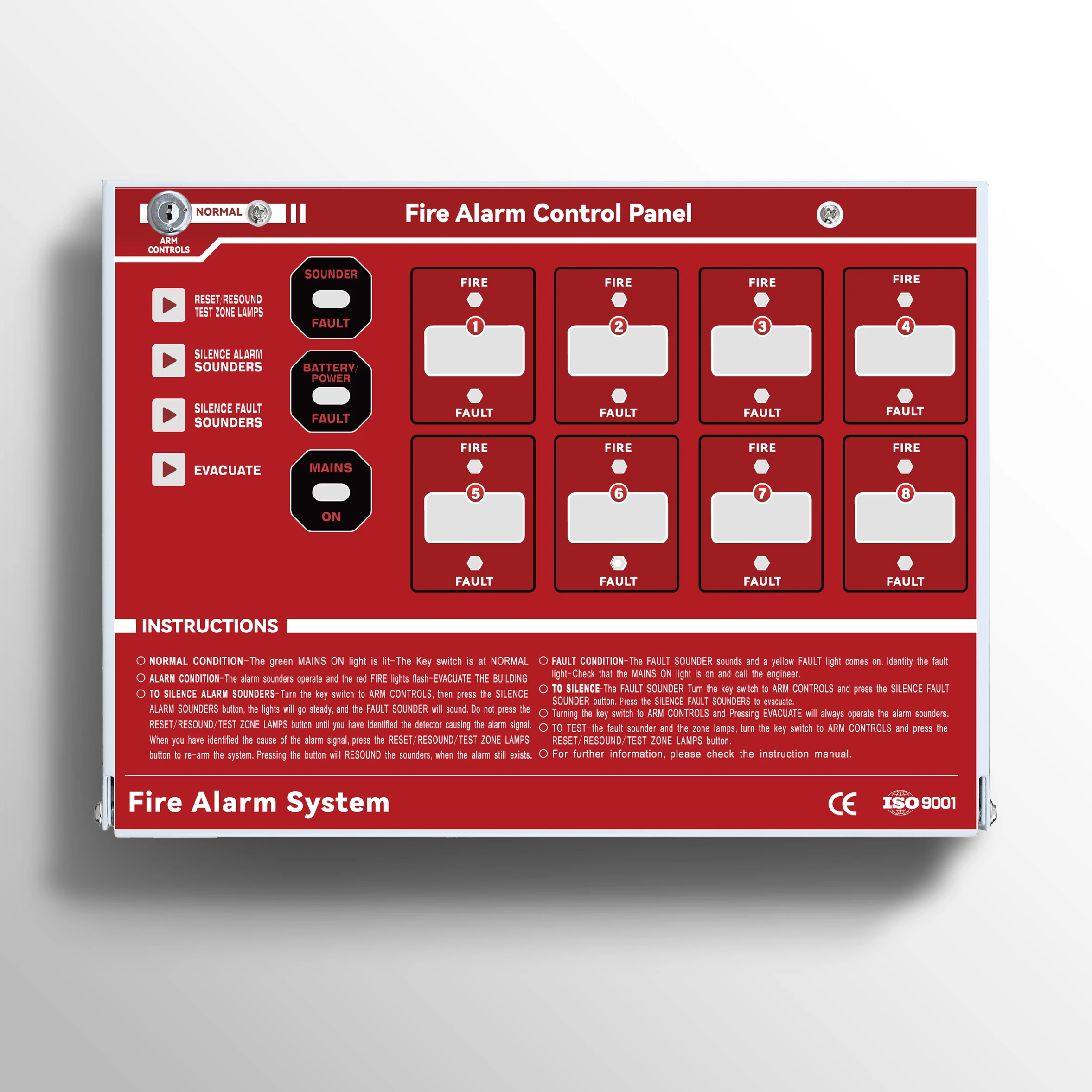 SR-P03 8区 红色传统火灾报警控制面板