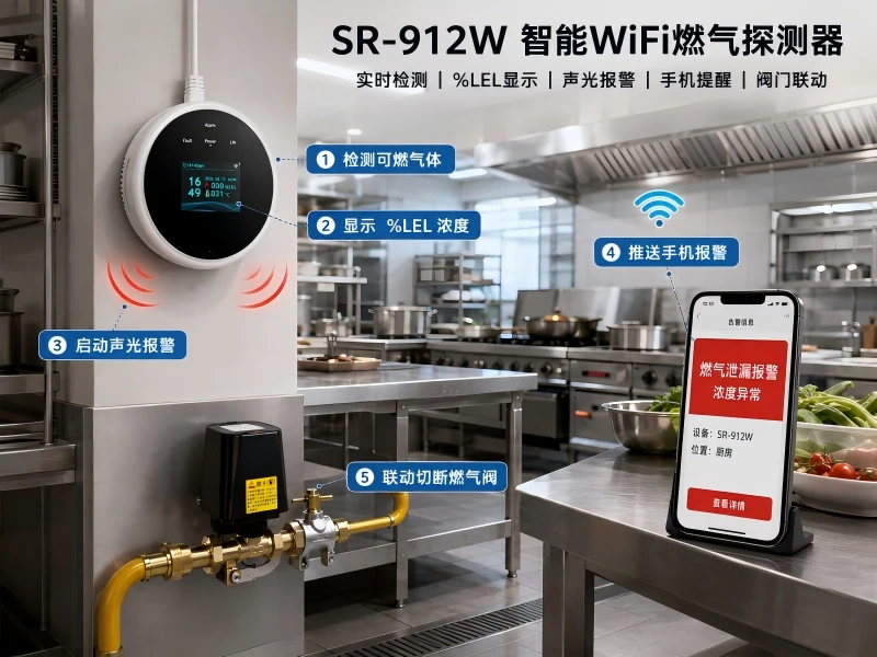 SR-912W 检测可燃气体、显示 %LEL、激活声光警报、发送 WiFi 手机警报以及连接到燃气切断阀 SR-912W 检测可燃气体、显示 %LEL、激活声光警报、发送 WiFi 手机警报以及连接到燃气切断阀