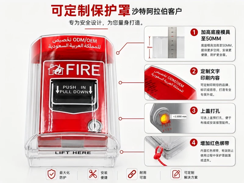 中东消防项目定制IP67手动报警按钮防护罩完成开发